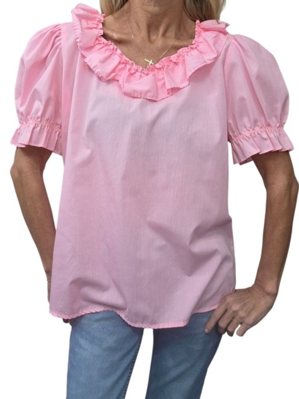 Vintage 70s 80s Pink Ruffle Puff Sleeve Blouse Prairie Coquette Top L